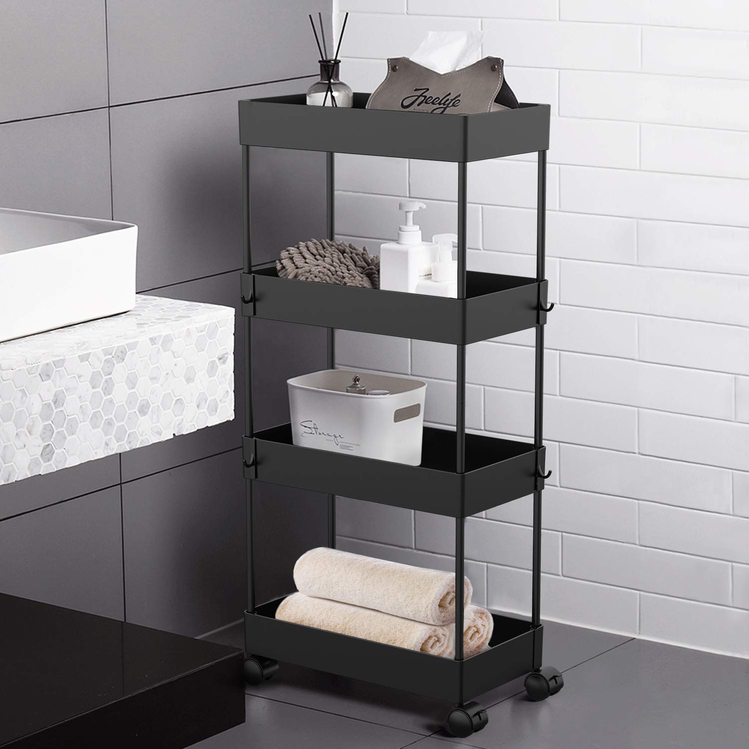 AOJIA 4 Tier Slide Out Storage Cart, Bathroom Storage Organizer Rolling Utility Cart