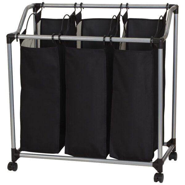Triple Laundry Sorter on Wheels - Black and Grey