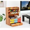 Wooden Pencil Holder & Desktop Organizer with 15 Compartments