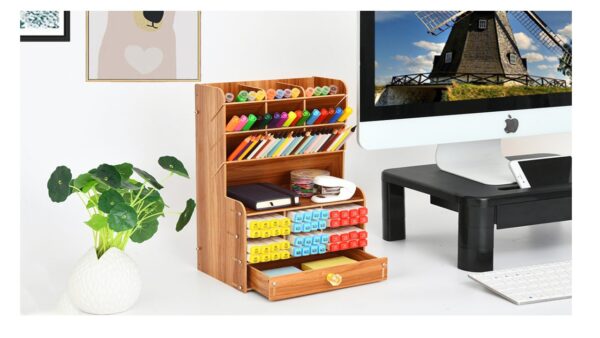 Wooden Pencil Holder & Desktop Organizer with 15 Compartments