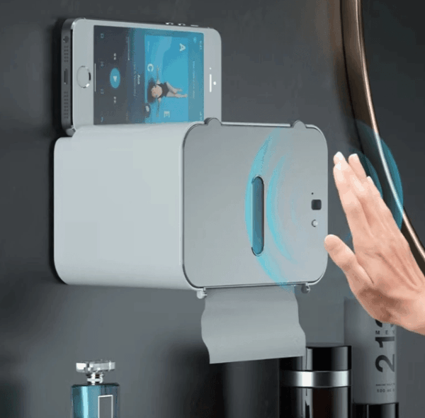 Wall-mounted smart sensor toilet paper holder – waterproof, automatic tissue dispenser with USB charging, perfect for bathrooms.