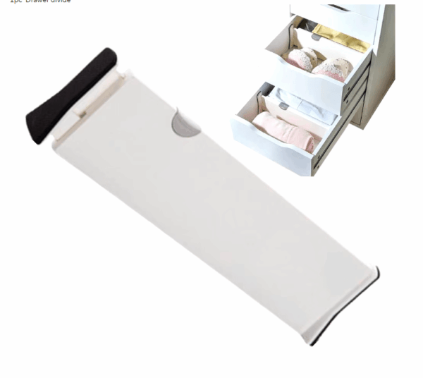 White adjustable foam-padded drawer dividers neatly organizing socks and cosmetics in a dresser.