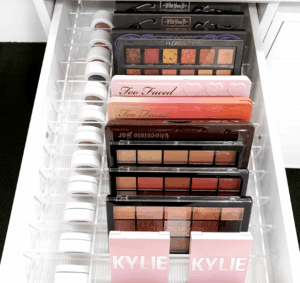 lear acrylic drawer dividers for IKEA Alex units, offering customizable makeup storage with multiple slots for eyeshadows, blushes, and beauty products.
