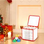 Translucent 64-grid ornament storage box for Christmas decorations with reinforced handles and individual compartments for safe and organized storage.