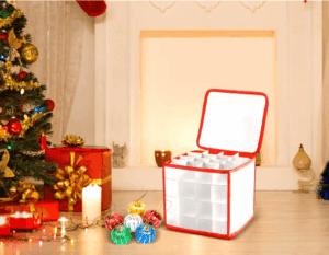 Translucent 64-grid ornament storage box for Christmas decorations with reinforced handles and individual compartments for safe and organized storage.