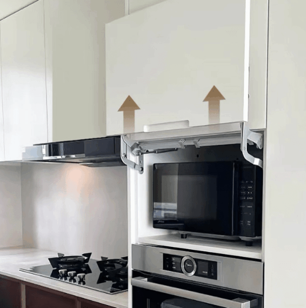 Hydraulic flip-up door support system for kitchen cabinets, ensuring smooth operation and easy access.