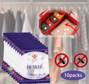 Old-fashioned moth balls in bulk packaging, ideal for closet protection, toilet deodorization, and insect control with natural camphor ingredients.