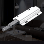 Gray and white cabinet door damper buffer for quiet, hands-free closure, ideal for kitchens and bathrooms. 