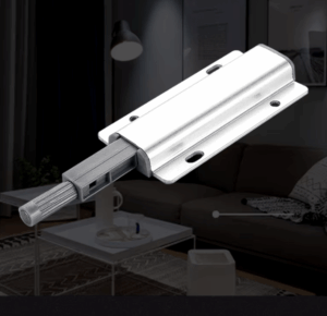 Gray and white cabinet door damper buffer for quiet, hands-free closure, ideal for kitchens and bathrooms. 