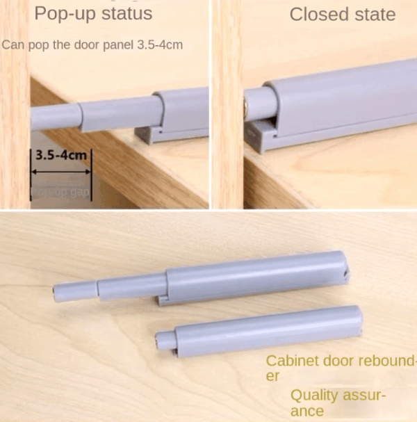 Gray and white cabinet door damper buffer for soft closing, ideal for kitchens and bathrooms.