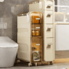 Slim bathroom storage organizer neatly fitting into a narrow space by the toilet with floor-to-ceiling drawer units
