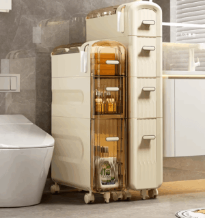 Slim bathroom storage organizer neatly fitting into a narrow space by the toilet with floor-to-ceiling drawer units