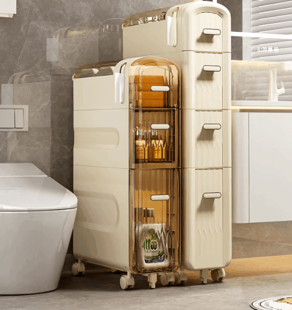 Slim bathroom storage organizer neatly fitting into a narrow space by the toilet with floor-to-ceiling drawer units