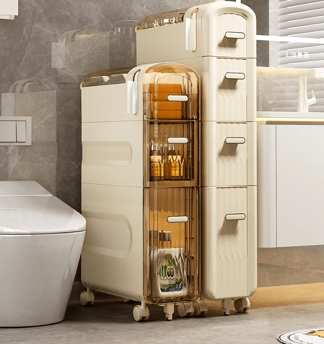 Slim bathroom storage organizer neatly fitting into a narrow space by the toilet with floor-to-ceiling drawer units