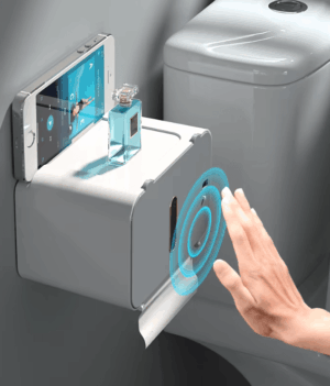 Smart sensor tissue box with a sleek wall-mounted design, waterproof, and automatic paper dispensing for hands-free convenience in bathrooms and kitchens.