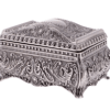Elegant vintage rectangle jewelry box with flower sculpture and black velvet interior, perfect for organizing rings, necklaces, and small trinkets.
