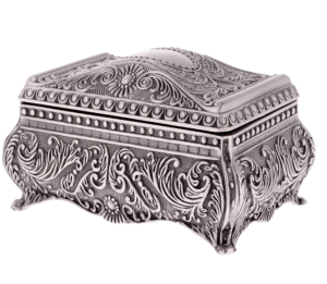 Elegant vintage rectangle jewelry box with flower sculpture and black velvet interior, perfect for organizing rings, necklaces, and small trinkets.