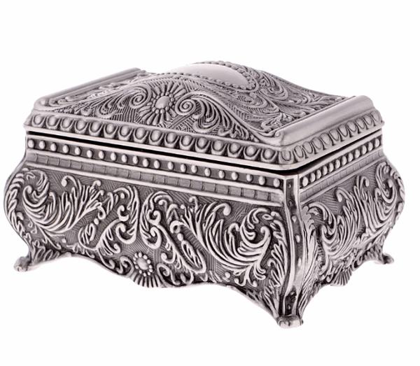 Elegant vintage rectangle jewelry box with flower sculpture and black velvet interior, perfect for organizing rings, necklaces, and small trinkets.