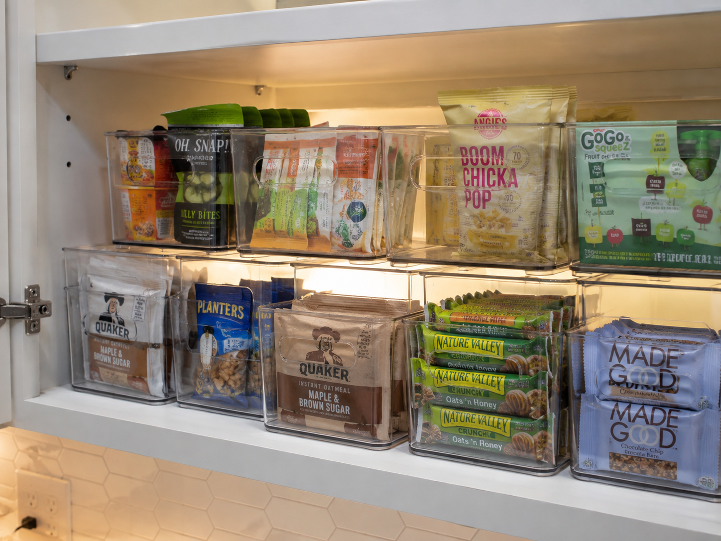 Jessica's kitchen pantry organized with clear acrylic stackable bins