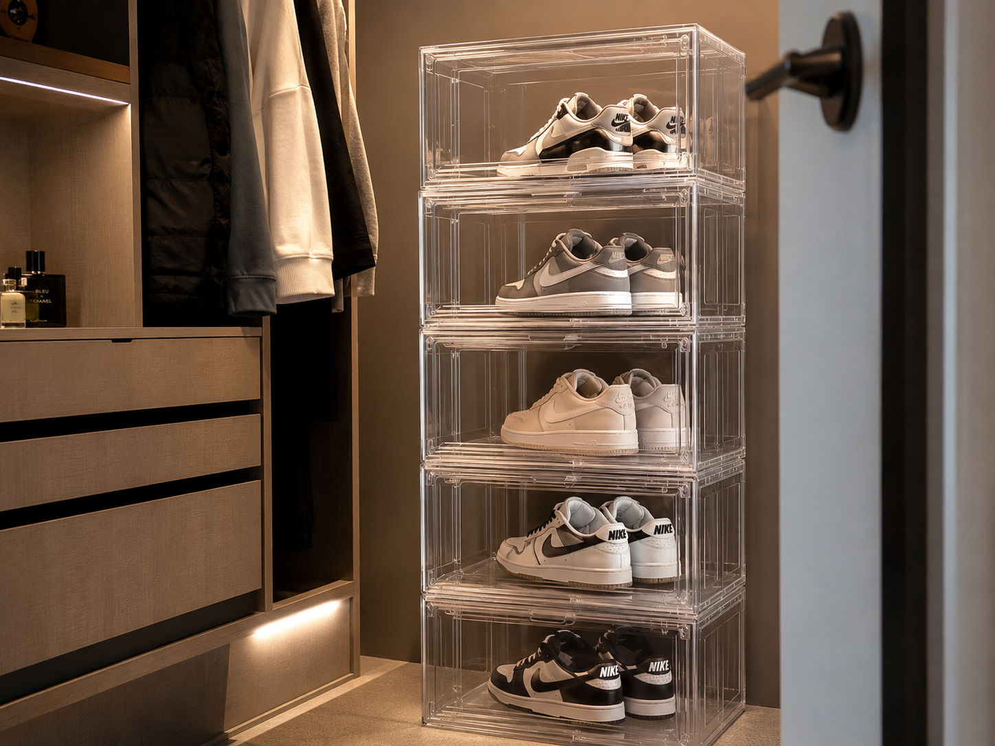 Robert's drop-front clear closet shoe organizer boxes