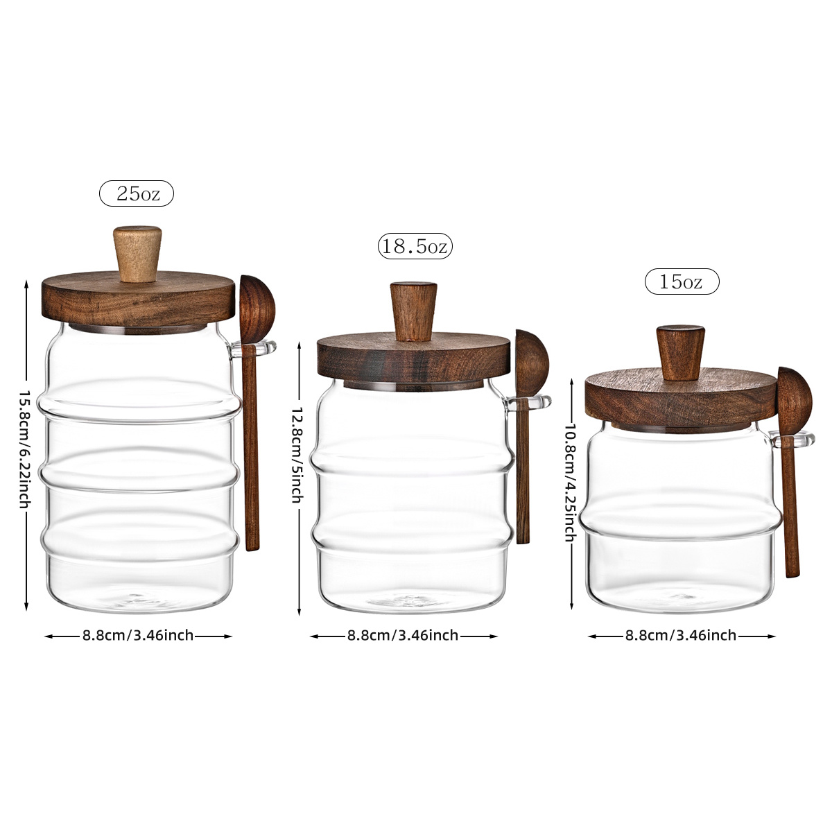 TidyVo 3-Piece Canister Set Exact Dimension Diagram in Inches and Millimeters