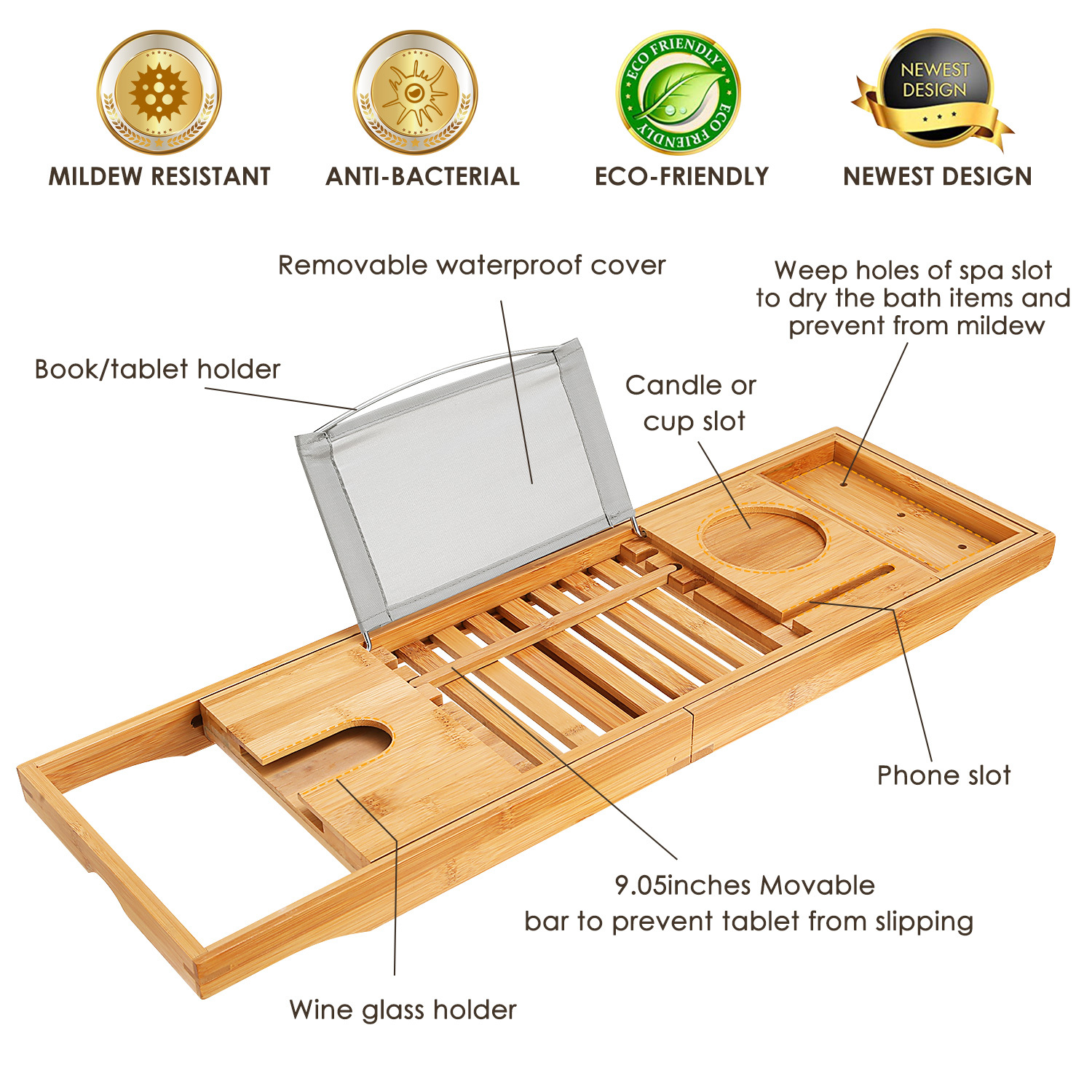 Extendable Bamboo Bathtub Caddy Tray with Wine Glass Holder & Tablet Reading Rack (Adjustable 27.6" – 41.3" Home Spa Organizer) gallery view 8