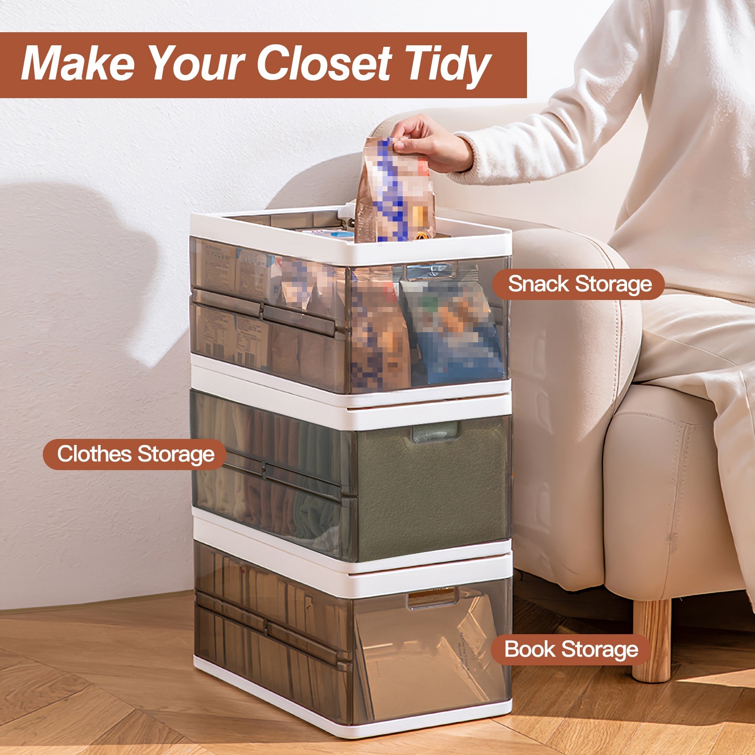 3-Pack Stackable Foldable Storage Bins with Lids & Removable Dividers (Collapsible Closet Drawer Organizers) gallery view 6