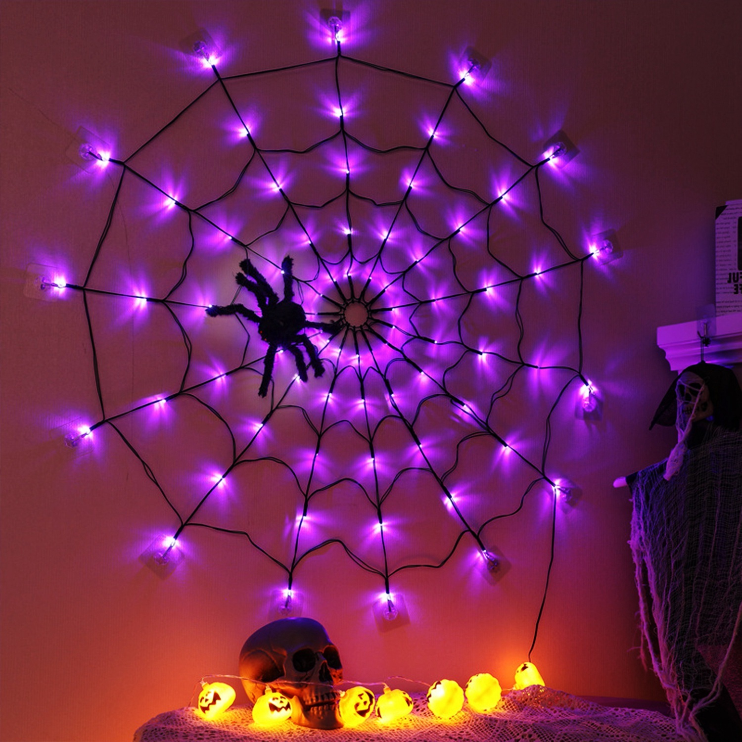 Halloween Spider Web Lights with Plush Spider – 3.3FT 70-LED Battery Operated Decor with Remote gallery view 6