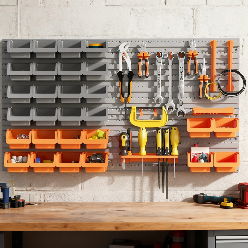 44-Piece Wall-Mounted Pegboard & Storage Bin Tool Organizer Kit (28 Multi-Sized Bins, Screwdriver Shelf & Hooks for Garage Workshop, Orange & Grey)