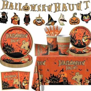 Vintage Halloween Party Tableware Set (142-Piece Kit – Serves 20 Guests with Tablecloth & Banner)