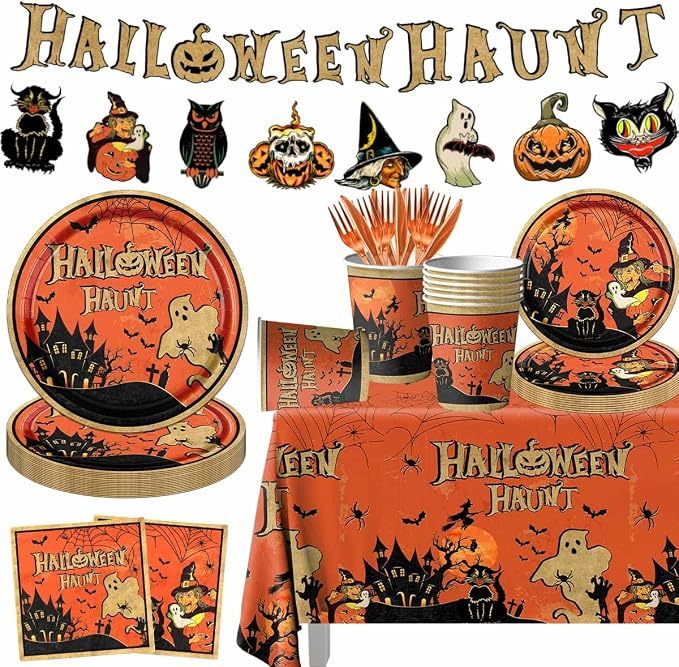 Complete 142-Piece Vintage Halloween Tableware and Decor Kit Overview