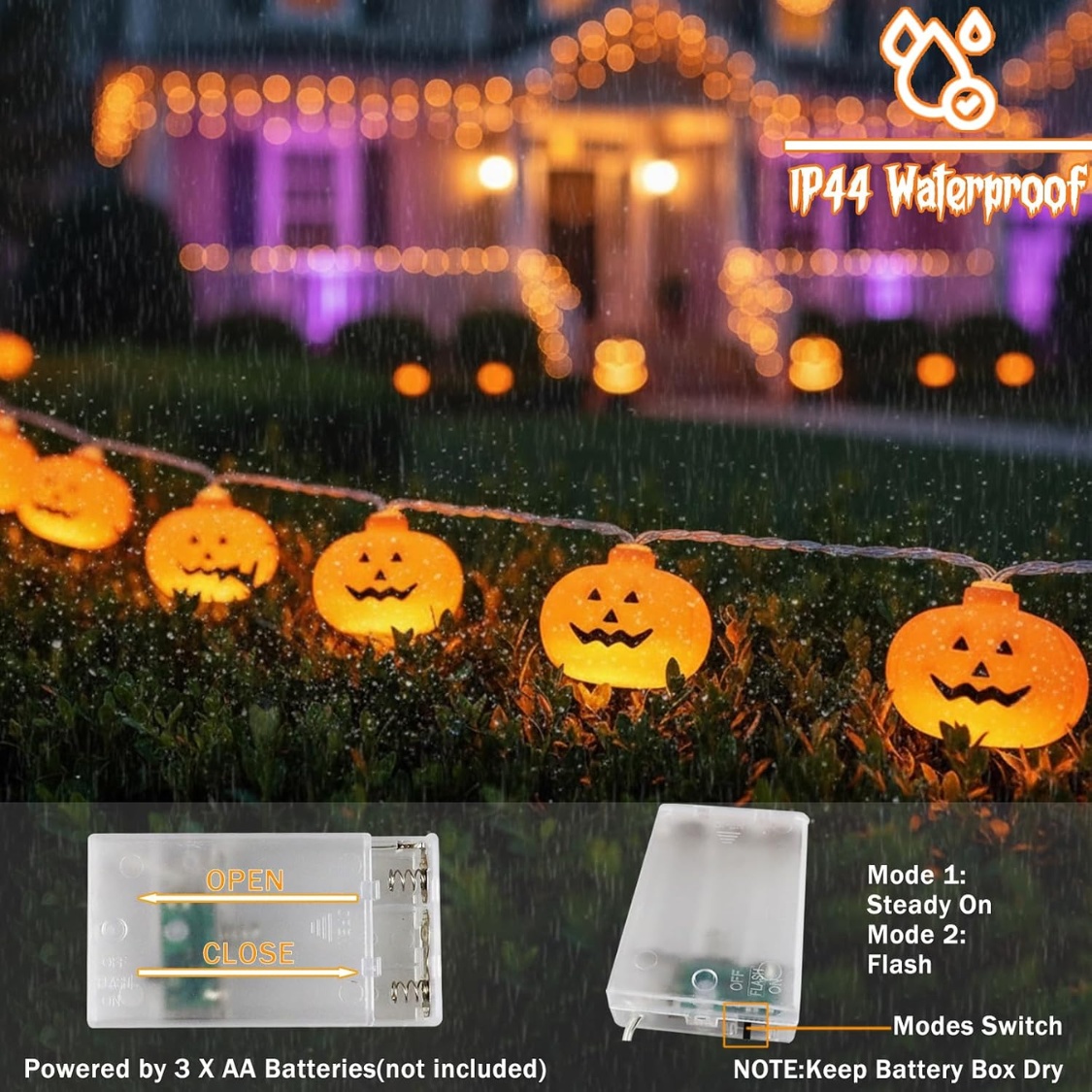 3D Jack-O’-Lantern Pumpkin String Lights with Dual Modes (10Ft / 20 LEDs) gallery view 6