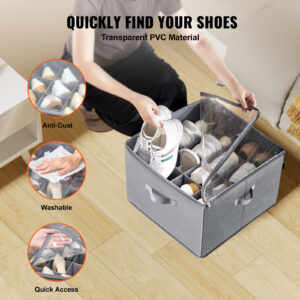 Under Bed Shoe Storage Organizer with Adjustable Dividers (16-Pair Clear Cover Space-Saving Shoe Box)