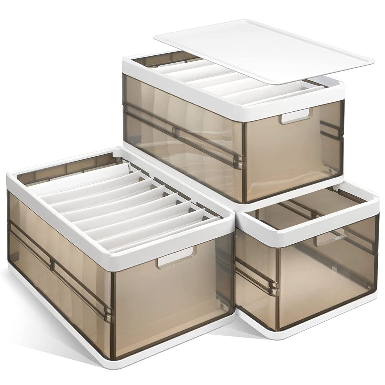 3-Pack Stackable Foldable Storage Bins with Lids & Removable Dividers (Collapsible Closet Drawer Organizers) gallery view 3