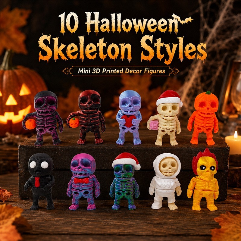 3D Printed Mini Skeleton Figurines 10-Pack (Assorted Halloween Character Desk Decor, Articulated Sculpted PLA Figures for Tiered Trays, Party Favors & Shelves) gallery view 2