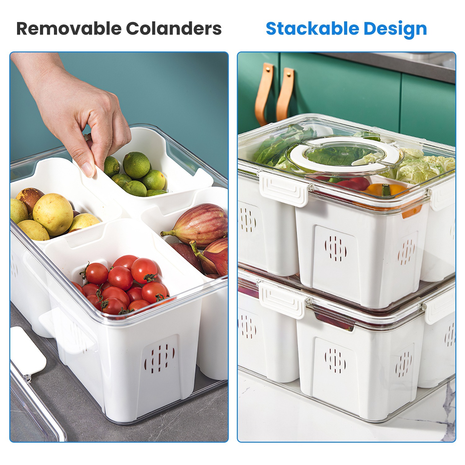 2-Pack Airtight Produce Storage Containers with 8 Removable Colanders (Fridge & Picnic Food Organizers) gallery view 7