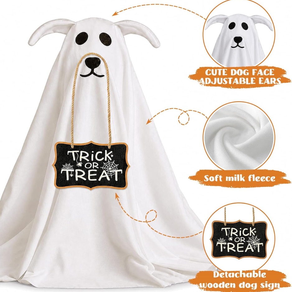 Lighted Ghost Walking Dog Halloween Decor 2-Piece Set (Standing 47" Ghost with Leash & 27.5" Puppy with Trick-or-Treat Sign, 8 Modes & Remote, Milk Fleece Indoor & Outdoor Lawn Yard Decor) gallery view 2