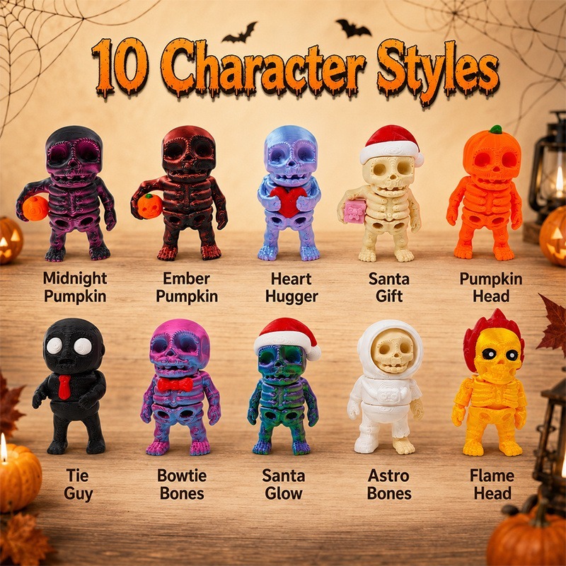 3D Printed Mini Skeleton Figurines 10-Pack (Assorted Halloween Character Desk Decor, Articulated Sculpted PLA Figures for Tiered Trays, Party Favors & Shelves) gallery view 5