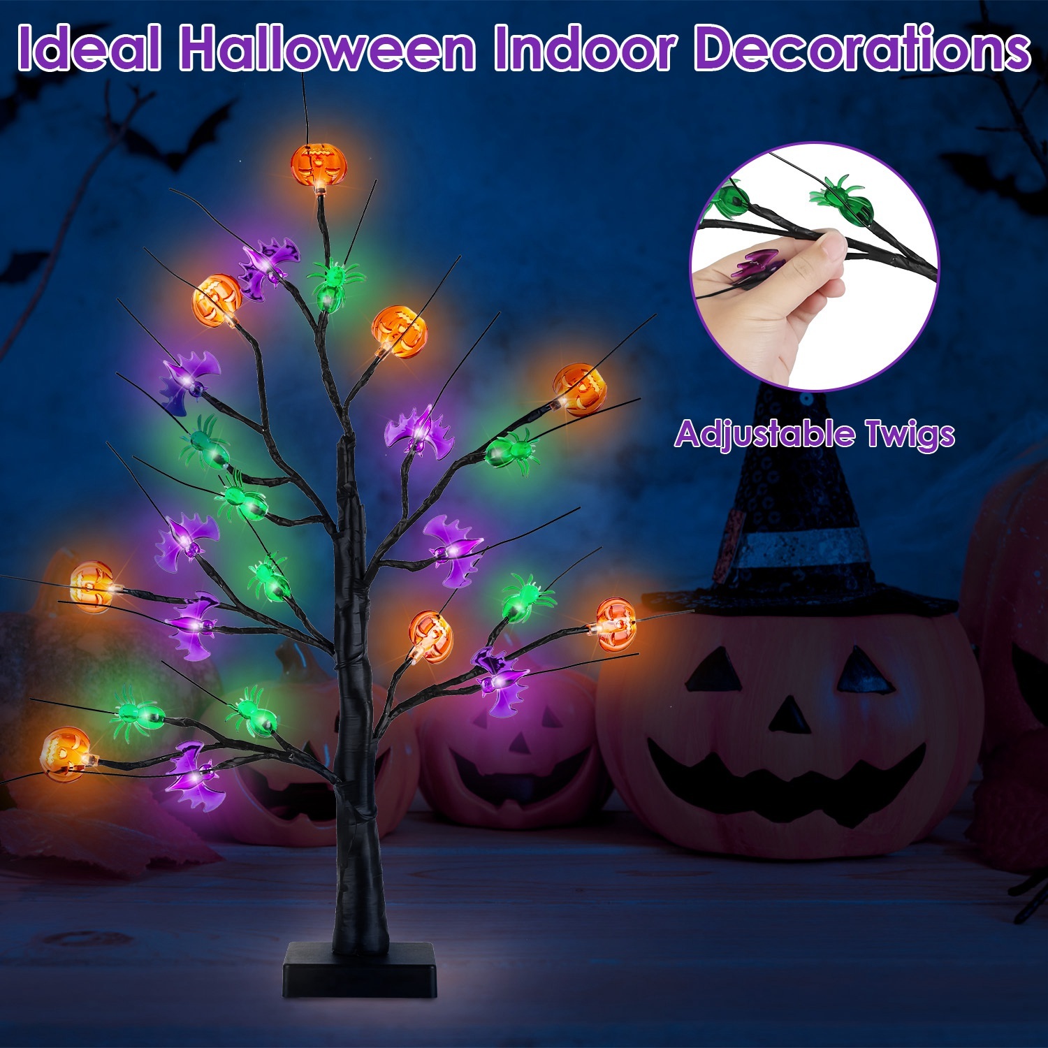 2-Pack 24″ Lighted Black Halloween Trees with Timer – Pre-Lit Tabletop Branch Decor for Indoor Party gallery view 8