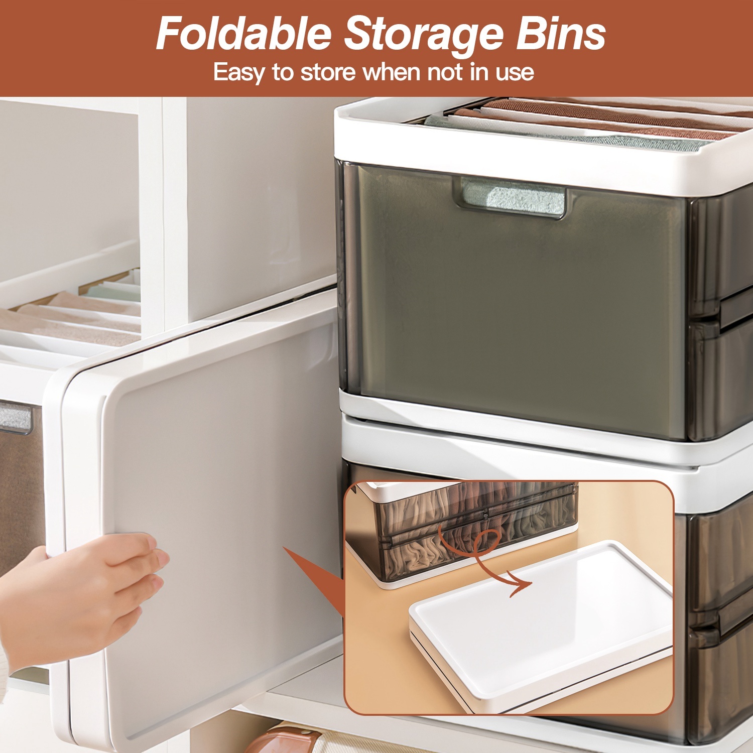 3-Pack Stackable Foldable Storage Bins with Lids & Removable Dividers (Collapsible Closet Drawer Organizers) gallery view 4