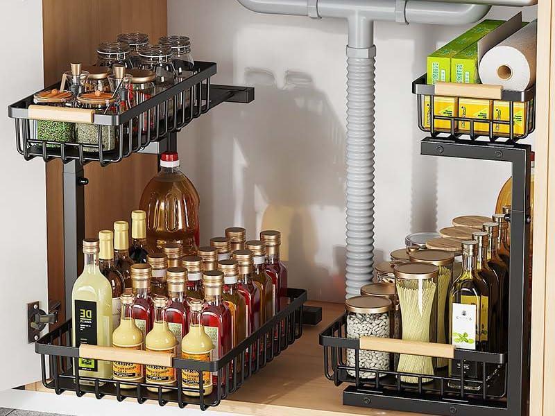2-Tier Adjustable Under Sink Organizer (Pull-Out L-Shaped Metal Storage Rack for Kitchen & Bathroom) gallery view 7