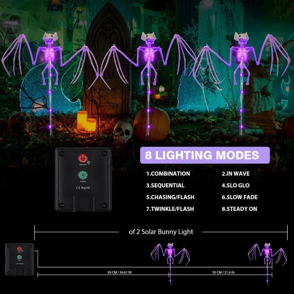 Solar 3D Bat Skeleton Pathway Lights (2-Pack / 8 Modes – IP65 Waterproof) gallery view 5
