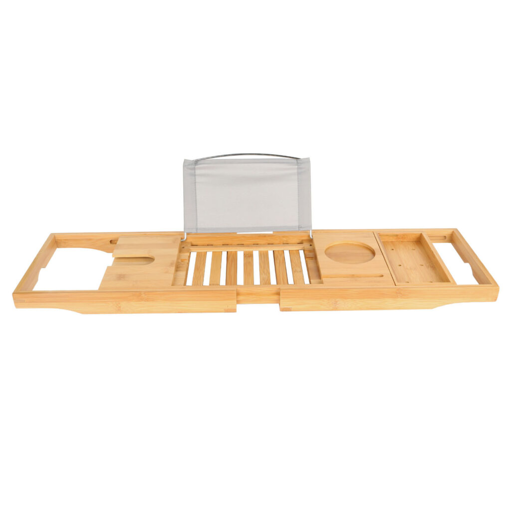 Extendable Bamboo Bathtub Caddy Tray with Wine Glass Holder & Tablet Reading Rack (Adjustable 27.6" – 41.3" Home Spa Organizer)