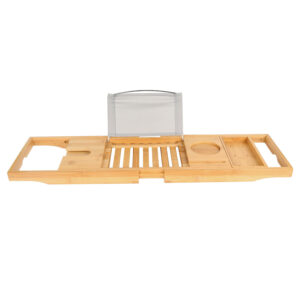 Extendable Bamboo Bathtub Caddy Tray with Wine Glass Holder & Tablet Reading Rack (Adjustable 27.6" – 41.3" Home Spa Organizer)