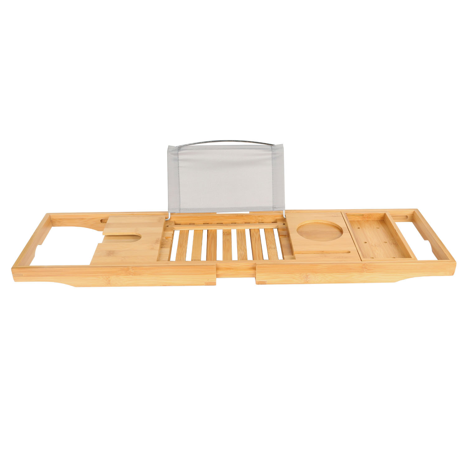 Fully Extended Bamboo Bath Tray with Upright Reading Rack