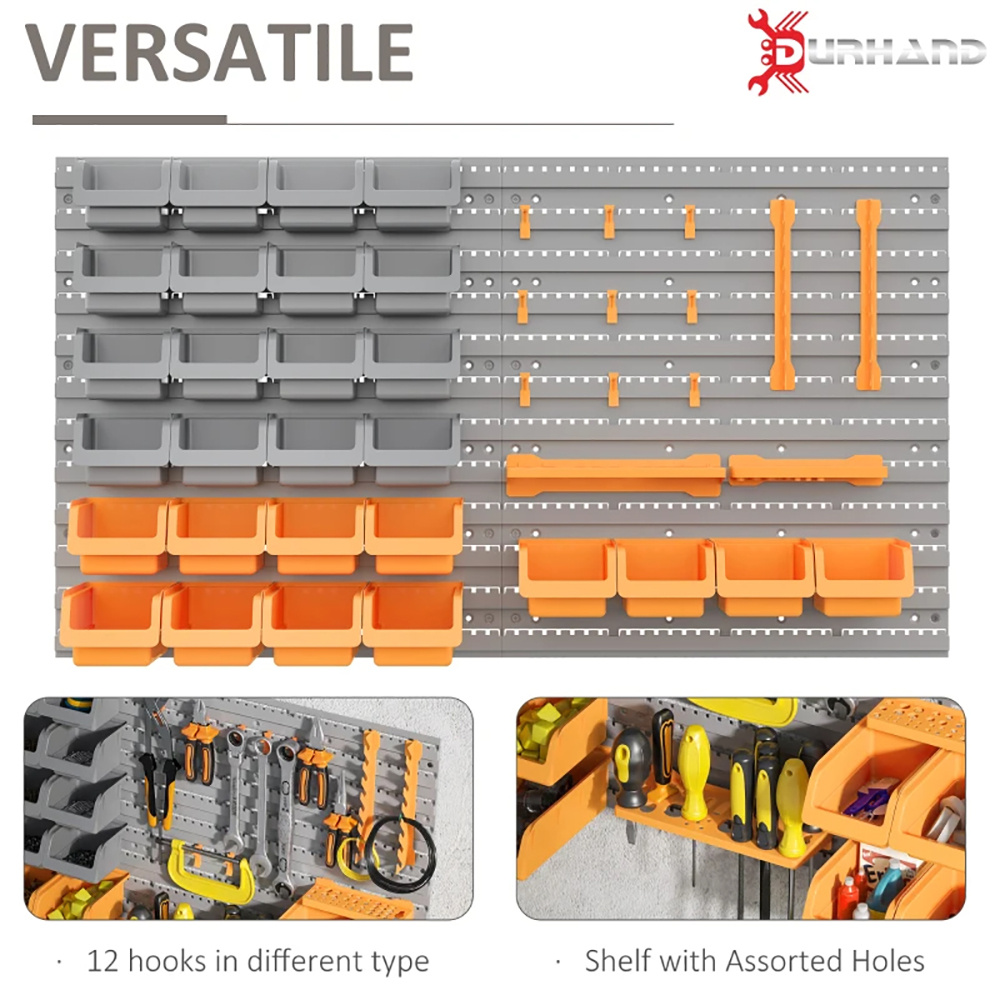 44-Piece Wall-Mounted Pegboard & Storage Bin Tool Organizer Kit (28 Multi-Sized Bins, Screwdriver Shelf & Hooks for Garage Workshop, Orange & Grey) gallery view 8