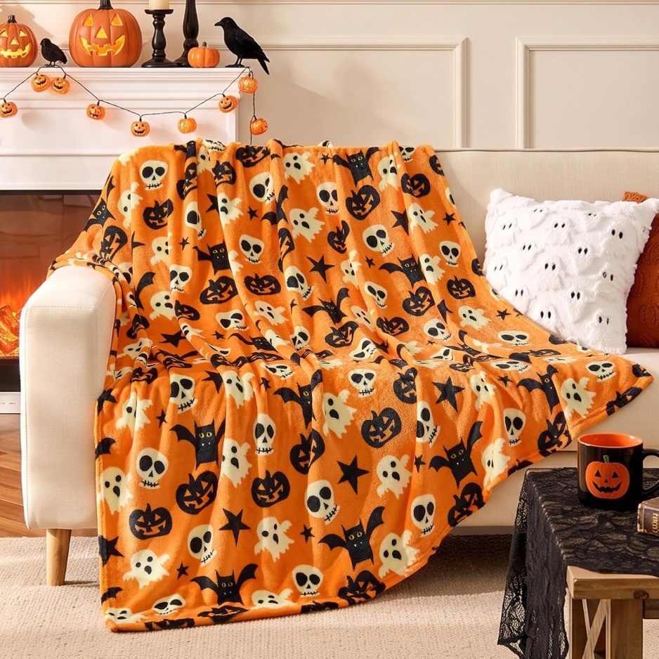 Halloween Plush Throw Blanket (50" × 60" Cozy Flannel Fleece Blanket with Ghosts, Pumpkins, Skulls & Bats, Spooky Orange Autumn Sofa & Bed Decor) gallery view 1