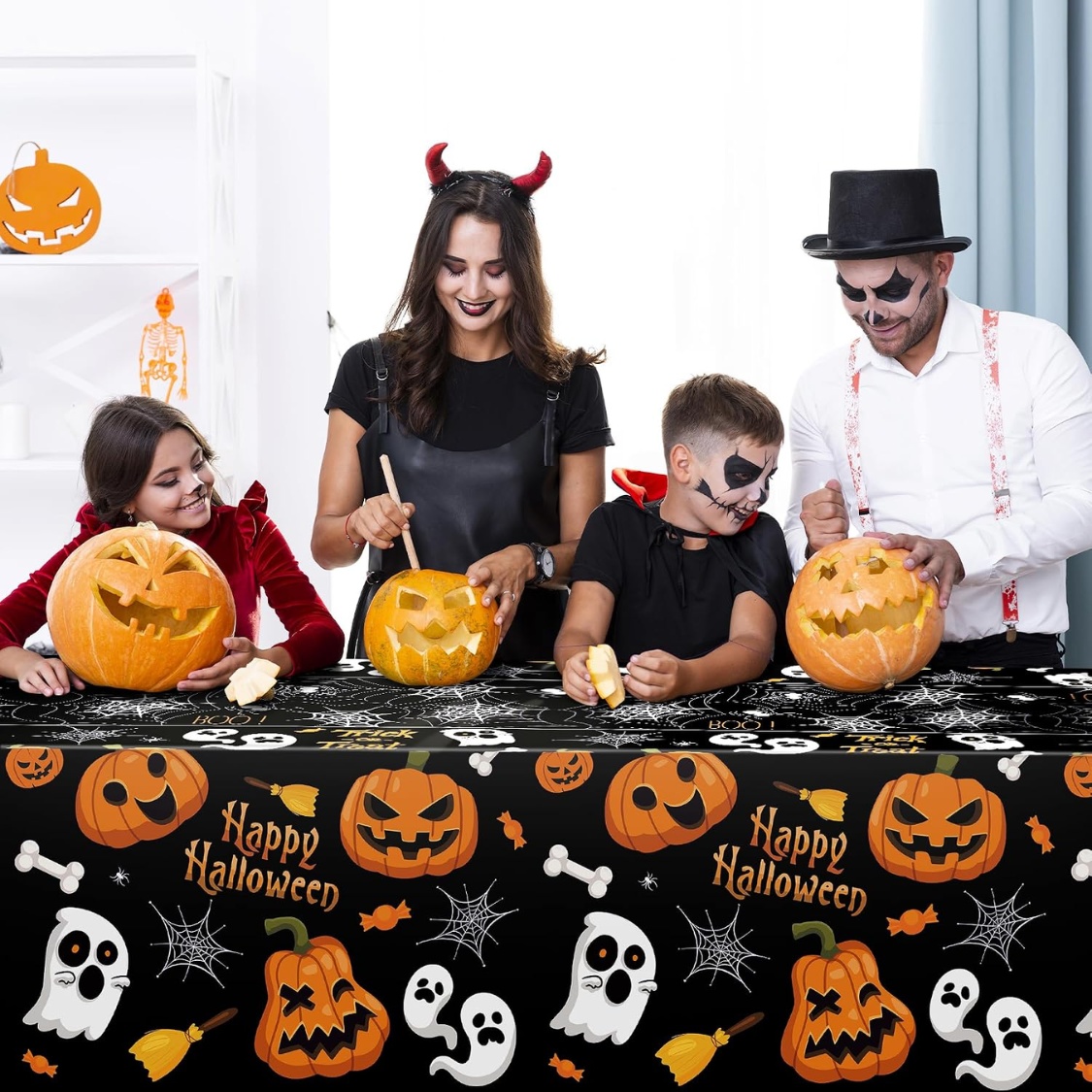 Disposable Halloween Plastic Tablecloth 2-Pack (87" × 51" Waterproof & Oil-Proof Rectangular Table Covers, 1 Black & 1 Purple for Parties, Pumpkin Carving & Buffets) gallery view 2
