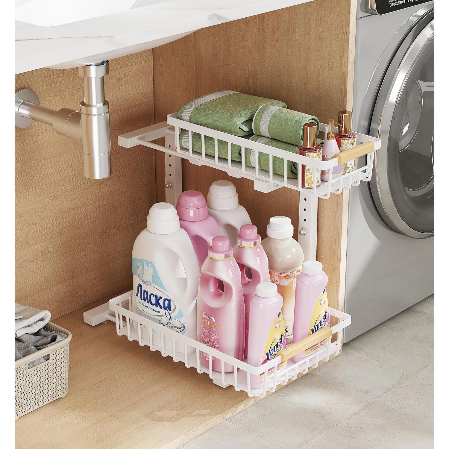 2-Tier Adjustable Under Sink Organizer (Pull-Out L-Shaped Metal Storage Rack for Kitchen & Bathroom) gallery view 3