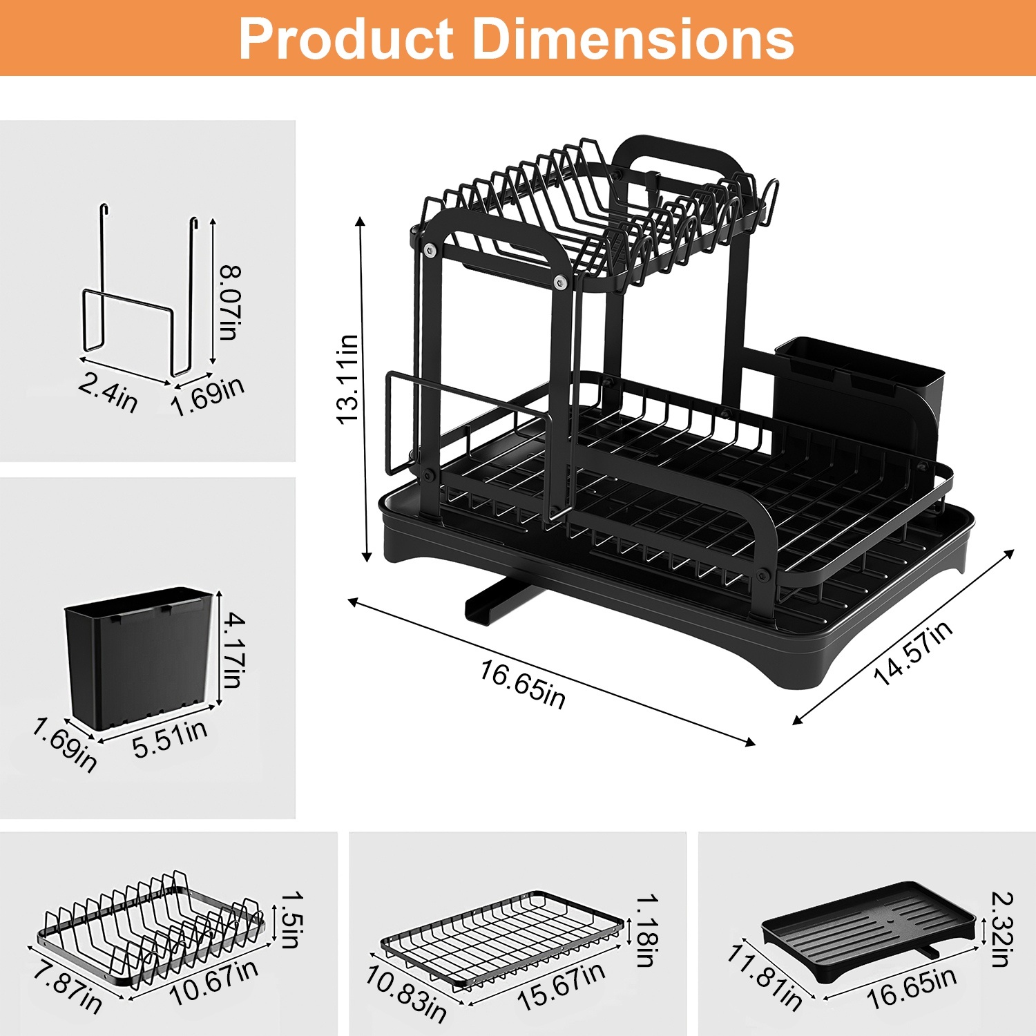 2-Tier Dish Drying Rack with 360° Swivel Drainboard (Rustproof Kitchen Counter Organizer) gallery view 8